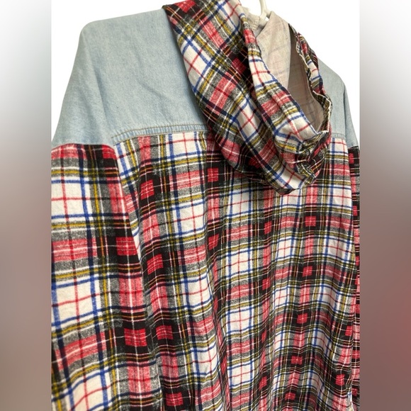 Vintage US Boys Women’s Plaid Sleeve Denim Hoodie - Picture 3 of 9